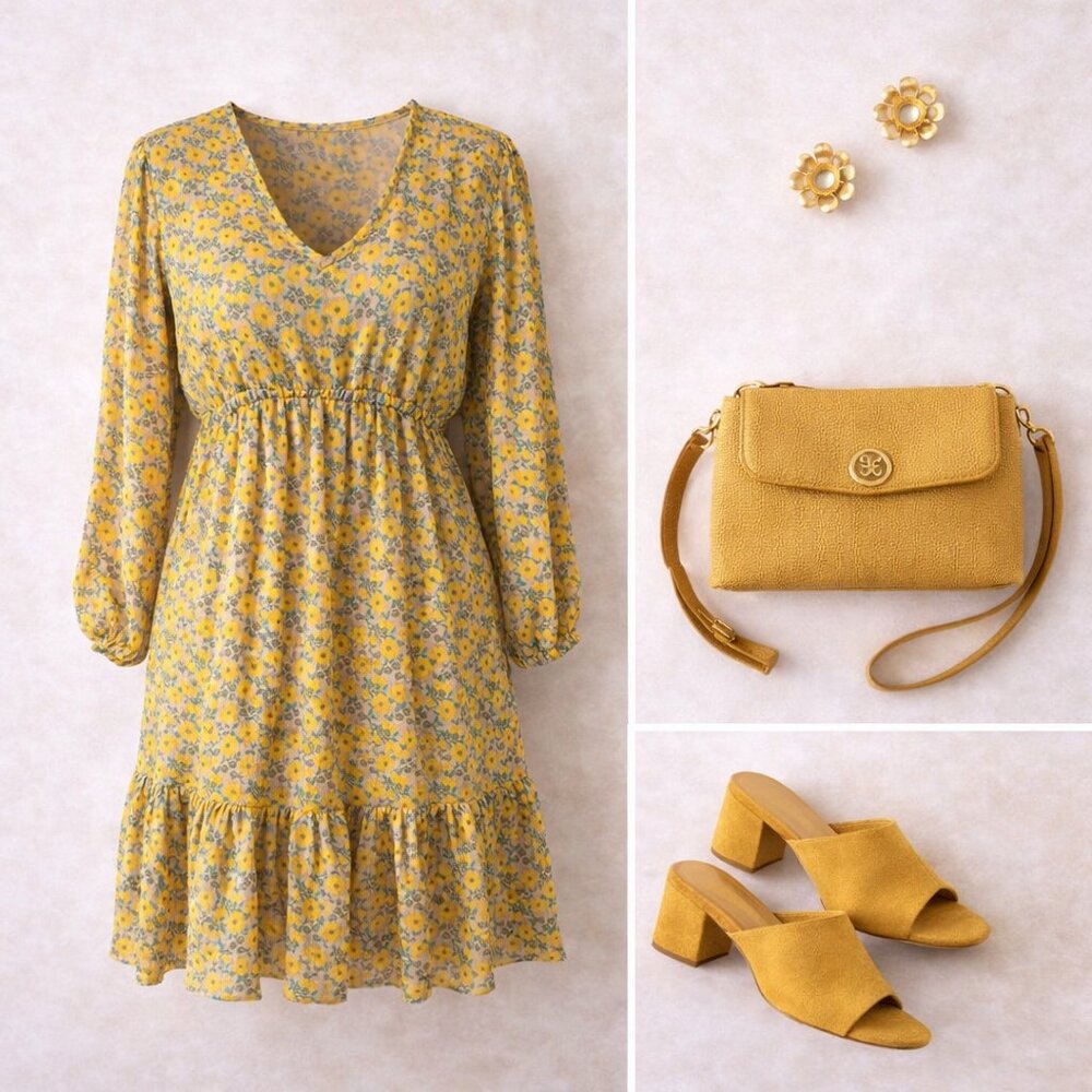 💚 Yellow Floral Long Sleeve Ruffle Hem Mini Dress Size M